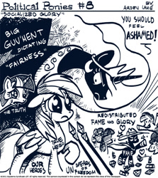 Size: 600x672 | Tagged: safe, artist:theartrix, character:mare do well, character:princess celestia, character:rainbow dash, character:twilight sparkle, species:pegasus, species:pony, episode:the mysterious mare do well, g4, my little pony: friendship is magic, black and white, crosshatch, crying, ethereal mane, female, grayscale, mare, monochrome, parody, political cartoon, simple background, spear, tyrant celestia, weapon, white background