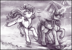 Size: 1680x1186 | Tagged: safe, artist:bantha, character:pinkie pie, character:twilight sparkle, character:twilight sparkle (alicorn), species:alicorn, species:pony, female, grayscale, mare, monochrome, snow, snowfall, unshorn fetlocks