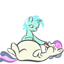Size: 1280x1280 | Tagged: dead source, safe, artist:zeldafan777, character:bon bon, character:lyra heartstrings, character:sweetie drops, ship:lyrabon, belly, bon blob, cake, cheesecake, chubby, eating, fat, feeder, feeding, food, missing cutie mark, role reversal, shipping, stuffed, stuffing, weight gain