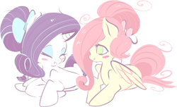 Size: 1123x682 | Tagged: safe, artist:clockworkquartet, character:fluttershy, character:rarity, alternate hairstyle, cute, eyes closed, eyeshadow, lying down, open mouth, prone, simple background, smiling