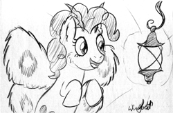 Size: 899x591 | Tagged: safe, artist:wingbeatpony, character:pinkie pie, species:mothpony, female, fluffy, lamp, light, lineart, monochrome, moth, moth meme, open mouth, original species, race swap, sketch, smiling, solo, stare, traditional art