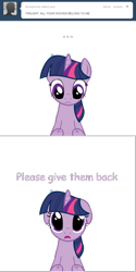 Size: 500x1002 | Tagged: safe, artist:somepony, character:twilight sparkle, character:twilight sparkle (unicorn), species:pony, species:unicorn, ..., amputation, amputee, ask, asksparklesanddashie, blue feather, cute, dialogue, dilated pupils, feather, floppy ears, grimcute, looking at you, magical amputation, missing limb, puppy dog eyes, sad, stump