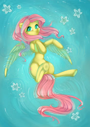 Size: 1984x2805 | Tagged: safe, artist:heinymanta, artist:misukitty, character:fluttershy, species:pegasus, species:pony, female, floating, flower, mare, on back, solo, water, wet mane
