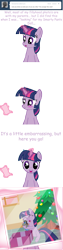 Size: 660x2635 | Tagged: safe, artist:somepony, character:smarty pants, character:twilight sparkle, ask, asksparklesanddashie, blue feather, blushing, christmas, christmas tree, feather, filly, filly twilight sparkle, photo, present, tree