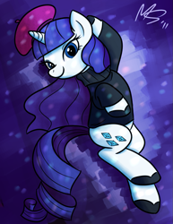 Size: 743x962 | Tagged: safe, artist:megasweet, artist:rustydooks, character:rarity, beatnik rarity, beret, clothing, colored, female, hat, solo, sweater