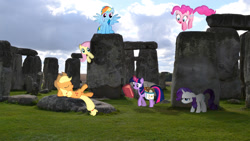Size: 1920x1080 | Tagged: safe, artist:mr-kennedy92, character:applejack, character:fluttershy, character:pinkie pie, character:rainbow dash, character:rarity, character:twilight sparkle, book, irl, magic, mane six, on back, photo, ponies in real life, saddle bag, shadow, sitting, stonehenge, vector