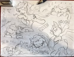Size: 2497x1936 | Tagged: safe, artist:redapropos, character:applejack, species:earth pony, species:pony, bed, bed mane, blanket, cute, female, freckles, jackabetes, loose hair, mare, monochrome, on back, onomatopoeia, pillow, sketch, sketch dump, sleeping, snoring, solo, sound effects, traditional art, zzz