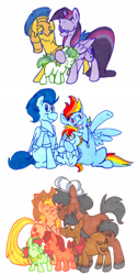 Size: 1024x2048 | Tagged: safe, artist:frankilew, character:applejack, character:flash sentry, character:promontory, character:rainbow dash, character:soarin', character:twilight sparkle, character:twilight sparkle (alicorn), oc, parent:applejack, parent:flash sentry, parent:promontory, parent:rainbow dash, parent:soarin', parent:twilight sparkle, parents:flashlight, parents:promontjack, parents:soarindash, species:alicorn, species:pony, ship:flashlight, ship:promontjack, ship:soarindash, eye contact, eyes closed, female, floppy ears, frown, glare, glasses, hug, male, mama twilight, mare, nuzzling, offspring, papa flash, shipping, smiling, smirk, straight