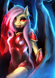 Size: 980x1386 | Tagged: safe, artist:elkaart, character:flutterbat, character:fluttershy, species:anthro, species:bat pony, armor, female, glowing eyes, looking at you, race swap, solo, vampire
