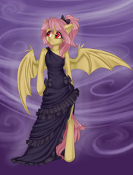 Size: 1921x2527 | Tagged: safe, artist:misukitty, character:flutterbat, character:fluttershy, species:bat pony, species:pony, clothing, dress, female, goth, gothic, race swap, semi-anthro, solo