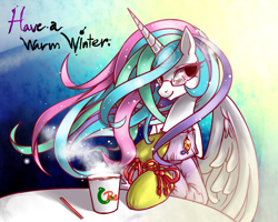 Size: 1000x800 | Tagged: safe, artist:renokim, character:princess celestia, clothing, coffee, drink, female, glasses, solo, sweater, table, turtleneck, winter