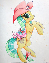 Size: 643x817 | Tagged: safe, artist:prettypinkpony, character:apple fritter, apple family member, bow, clothing, female, hat, rearing, saddle, solo, tail bow, traditional art