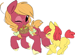 Size: 1162x854 | Tagged: safe, artist:clockworkquartet, character:apple bloom, character:big mcintosh, adorabloom, applebuck, basket, cute, hilarious in hindsight, macabetes, macareina, mouth hold, rule 63, rule63betes