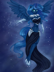 Size: 2088x2776 | Tagged: safe, artist:misukitty, character:princess luna, species:alicorn, species:anthro, species:pony, species:unguligrade anthro, belly button, cleavage, female, hoof shoes, midriff, night, solo
