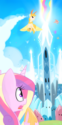 Size: 1000x2000 | Tagged: safe, artist:meekcheep, character:princess cadance, oc, species:mothpony, crystal empire, flying, observer, original species, surprised
