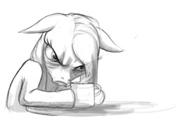 Size: 563x395 | Tagged: safe, artist:hattonslayden, character:pinkamena diane pie, character:pinkie pie, coffee, female, monochrome, morning ponies, sketch, solo