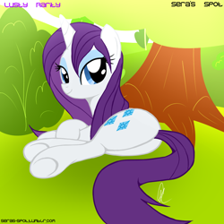 Size: 900x900 | Tagged: safe, artist:isle-of-forgotten-dreams, character:rarity, species:pony, species:unicorn, butt, female, grass, looking at you, plot, solo, tree
