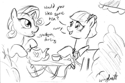 Size: 893x595 | Tagged: safe, artist:wingbeatpony, character:coco pommel, character:rarity, ship:marshmallow coco, dialogue, female, grayscale, lesbian, monochrome, shipping, tea, tea party