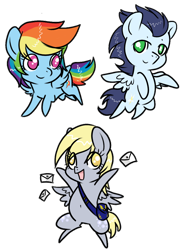 Size: 768x1008 | Tagged: safe, artist:rannarbananar, character:derpy hooves, character:rainbow dash, character:soarin', species:pegasus, species:pony, chibi, female, letter, mail, mare