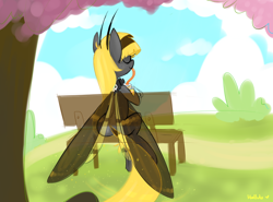 Size: 900x665 | Tagged: safe, artist:meekcheep, oc, oc only, oc:hexferry, species:mothpony, behind, bench, drinking, eyes closed, original species, outdoors, plot, proboscis, sitting, solo, tentacle tongue, tongue out