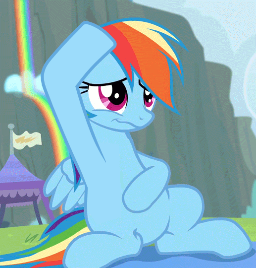 Size: 517x540 | Tagged: safe, artist:wingbeatpony, edit, edited screencap, screencap, character:rainbow dash, species:pegasus, species:pony, episode:rainbow falls, g4, my little pony: friendship is magic, animated, belly, bellyrubs, cute, dashabetes, female, madskillz, mare, nervous, nervous grin, petting, rainbow, sitting, smiling, solo, spread wings, wavy mouth, wings, worried