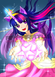 Size: 2480x3507 | Tagged: safe, artist:asparagusapparatus, artist:techycutie, character:twilight sparkle, character:twilight sparkle (alicorn), species:alicorn, species:human, big crown thingy, eared humanization, female, horned humanization, humanized, light skin, solo, stars