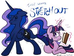 Size: 6267x4756 | Tagged: safe, artist:redapropos, character:princess luna, character:twilight sparkle, absurd resolution, annoyed, book, magic, plot, scrunchy face, stretching, twilight is not amused, unamused