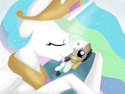 Size: 640x480 | Tagged: safe, artist:hikariviny, character:princess celestia, oc, oc:chaotic, parent:discord, parent:princess celestia, parents:dislestia, cradling, cute, diaper, eyes closed, female, grooming, hybrid, interspecies offspring, licking, like mother like son, male, momlestia, mother and son, nuzzling, offspring, pacifier, smiling, tongue out, wink