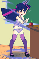 Size: 730x1095 | Tagged: safe, artist:drantyno, character:twilight sparkle, species:human, accidental exposure, apple, belly button, camisole, classroom, clothing, embarrassed, embarrassed underwear exposure, female, frilly underwear, horned humanization, humanized, light skin, magic, magic fail, mary janes, panties, purple underwear, ribbon, school, school uniform, schoolgirl, solo, spell gone wrong, stockings, thigh highs, underwear, undressing, wardrobe malfunction, younger