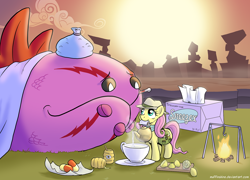 Size: 1600x1155 | Tagged: safe, artist:muffinshire, character:fluttershy, episode:three's a crowd, g4, my little pony: friendship is magic, clothing, cute, explorer outfit, fire, honey, ice pack, kettle, lemon, mouth hold, pills, product placement, sick, smiling, tatzlwurm, teacup, thermometer, tissue, tissue box