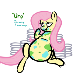 Size: 1280x1227 | Tagged: safe, artist:zeldafan777, character:fluttershy, belly, belly button, chubby, dishes, fat, fattershy, female, messy, messy eating, solo, stuffed, stuffing, weight gain