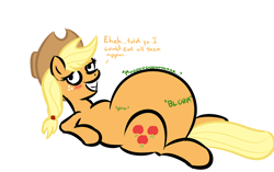 Size: 1280x806 | Tagged: safe, artist:zeldafan777, character:applejack, applefat, belly, chubby, fat, female, on back, simple background, solo, stomach noise, stuffed, weight gain