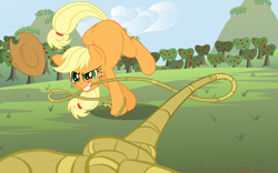 Size: 7432x4638 | Tagged: safe, artist:redapropos, character:applejack, absurd resolution, action pose, female, foreshortening, lasso, mouth hold, offscreen character, pov, rope, solo, submissive pov, viewer on leash