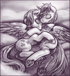 Size: 1280x1406 | Tagged: safe, artist:bantha, character:fluttershy, character:rainbow dash, ship:flutterdash, cloud, cloudy, cuddling, eyes closed, female, grayscale, hooves, lesbian, monochrome, on side, shipping, sleeping, smiling, snuggling, spread wings, underhoof, unshorn fetlocks, wings