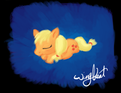 Size: 1167x896 | Tagged: safe, artist:wingbeatpony, character:applejack, species:earth pony, species:pony, eyes closed, female, ponytail, prone, signature, sleeping, smiling, solo