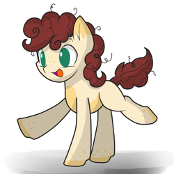 Size: 1000x1000 | Tagged: safe, artist:hikariviny, oc, oc only, parent:cheese sandwich, parent:pinkie pie, parents:cheesepie, species:earth pony, species:pony, colt, freckles, male, messy mane, offspring, open mouth, raised hoof, raised leg, smiling, solo