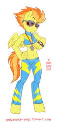 Size: 462x1000 | Tagged: safe, artist:onnanoko, character:spitfire, species:anthro, belly button, clothing, female, midriff, solo, sports bra, sunglasses, watch, wonderbolts uniform