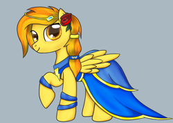Size: 1480x1050 | Tagged: safe, artist:sierraex, character:spitfire, species:pegasus, species:pony, clothing, dress, female, flower, flower in hair, gown, gray background, loose hair, mare, prom dress, raised hoof, simple background, solo