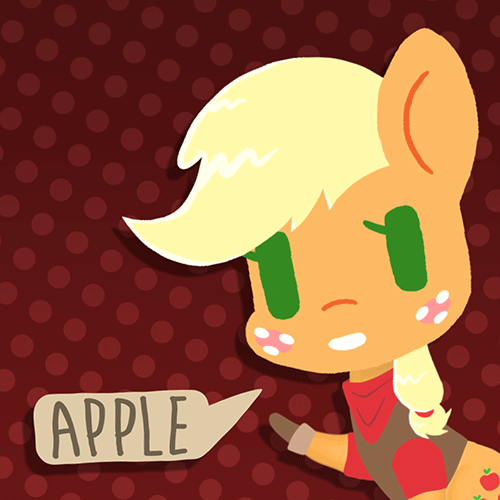 Size: 500x500 | Tagged: safe, artist:omegaozone, character:applejack, animated, apple, bandana, chibi, clothing, cute, dialogue, female, frame by frame, jackabetes, one word, solo, speech bubble, squigglevision