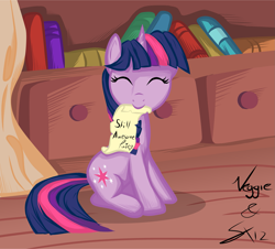 Size: 1937x1748 | Tagged: safe, artist:sierraex, character:twilight sparkle, character:twilight sparkle (unicorn), species:pony, species:unicorn, bookshelf, eyes closed, female, golden oaks library, happy, heart, mare, mouth hold, note, signature, solo