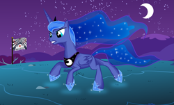 Size: 2667x1613 | Tagged: safe, artist:sierraex, character:princess luna, species:alicorn, species:pony, ethereal mane, female, galaxy mane, hoof shoes, mare, moon, new lunar republic, night, running, solo, sparkles, stars