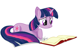 Size: 1491x1055 | Tagged: safe, artist:sierraex, character:twilight sparkle, character:twilight sparkle (unicorn), species:pony, species:unicorn, book, female, mare, prone, reading, simple background, smiling, solo, white background