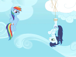 Size: 1024x776 | Tagged: safe, artist:rulette, character:rainbow dash, character:soarin', ship:soarindash, backwards cutie mark, bondage, crossed hooves, eye contact, female, flying, frown, glare, hanging, male, pie, rope, shipping, straight, tied up, upside down