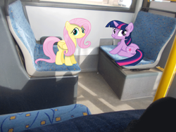 Size: 3648x2736 | Tagged: safe, artist:glitchking123, artist:hundebleonidasx, artist:silentmatten, character:fluttershy, character:twilight sparkle, bus, irl, photo, ponies in real life, seat, shadow, sitting, vector