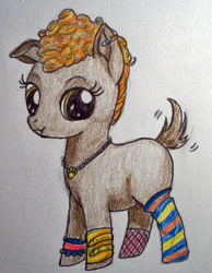 Size: 606x780 | Tagged: safe, artist:divinekitten, clothing, female, filly, fishnets, howleen wolf, monster high, ponified, socks, solo, striped socks, traditional art