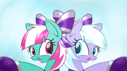 Size: 1024x573 | Tagged: safe, artist:acersiii, character:lilac sky, character:spring step, character:sunlight spring, species:pegasus, species:pony, bow, cheerleader, duo, duo female, female, hair bow, looking at each other, mare, open mouth, pom pom