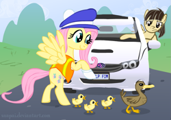 Size: 857x600 | Tagged: safe, artist:snapai, character:fluttershy, character:wild fire, ponysona, species:duck, species:pegasus, species:pony, bipedal, car, crossing, duckling, female, mare, sibsy, subaru