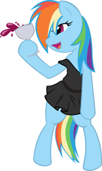 Size: 575x960 | Tagged: safe, artist:bamboodog, edit, character:rainbow dash, species:pony, alcohol, bipedal, clothing, dionysus, dress, drunk, drunker dash, female, goblet, little black dress, mare, off shoulder, open mouth, simple background, smiling, solo, white background, wine, wingless