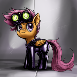 Size: 800x800 | Tagged: safe, artist:aphexangel, character:scootaloo, species:pegasus, species:pony, ask stalkerloo, clothing, cute, female, latex, solo, stalkerloo