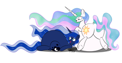 Size: 8500x4400 | Tagged: safe, artist:zeldafan777, character:princess celestia, character:princess luna, absurd resolution, belly, belly bed, big belly, chubby, chubbylestia, fat, immobile, impossibly large belly, obese, overweight, plot, princess moonpig, royal sisters, stuffed, stuffing, weight gain